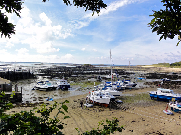Herm harbour at low tide.